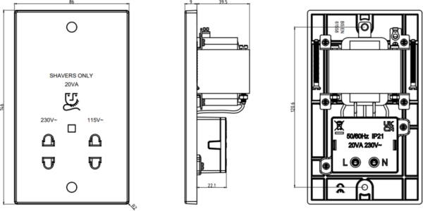 115/230V Dual Voltage Shaver Socket with Neon - Image 2